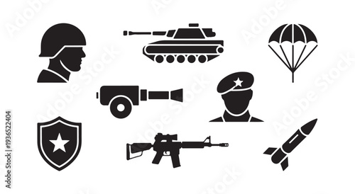 Collection of military icons, soldier, tank, parachute, rifle, missile, shield