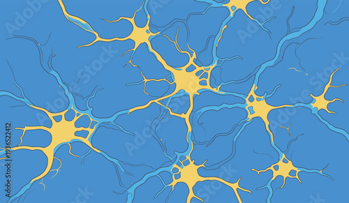 Neurons create connections and networks in a bright design on a blue background, showing the complexity of the nervous system.
