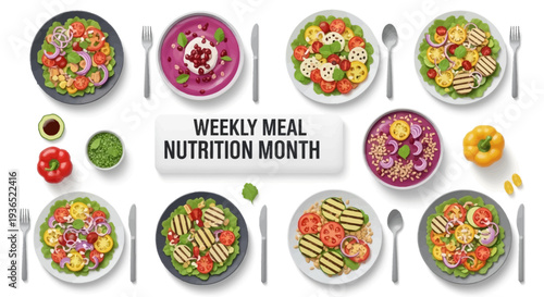 Vector illustration for National Nutrition Month featuring a weekly meal plan with various healthy dishes and nutritious food on plates with a design for a diet campaign.