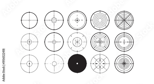 Set of various reticle scopes for aiming, sniper sight, military crosshairs, target icons