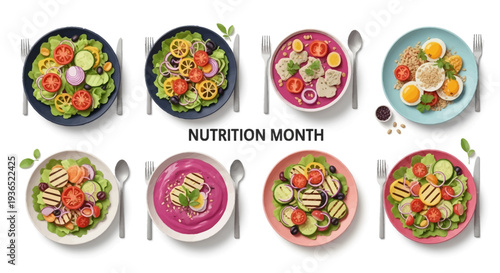 Illustration of eight nutritious meals with fruits and vegetables for National Nutrition Month or healthy eating awareness campaign with a clean design on white background.