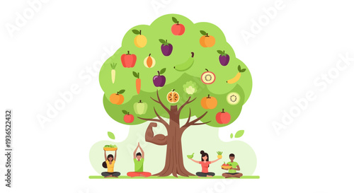 Illustration of a colorful tree with fruits and vegetables, surrounded by a diverse family, promoting healthy eating awareness on National Nutrition Month.