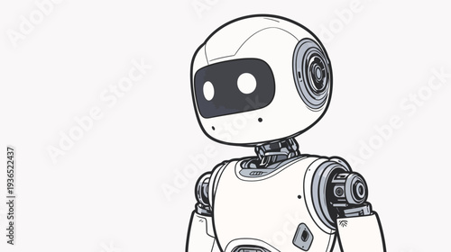 A robot stands on a white background. It has a friendly face and simple features. The robot appears ready for interaction or play.