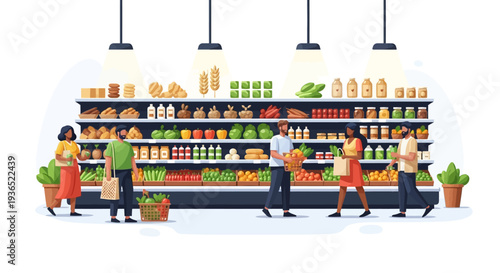 Illustration of people shopping for fruits, vegetables, and other nutritious food products in a grocery store to promote healthy eating awareness during National Nutrition Month.