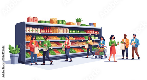 Illustration of diverse people shopping for fruits and vegetables in a supermarket for National Nutrition Month with a focus on healthy eating awareness and nutritious food.