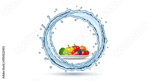 Vector illustration of a plate with fruits and vegetables surrounded by a circular water splash design for a healthy eating awareness campaign or National Nutrition Month event