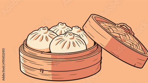 Dumplings are placed in a bamboo steamer. The steamer lid is open, and the dumplings are visible. This scene shows a typical meal.