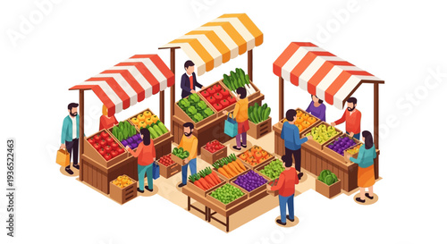 Isometric illustration of people shopping for fruits and vegetables at a market with striped awnings, promoting healthy eating awareness and nutrition.