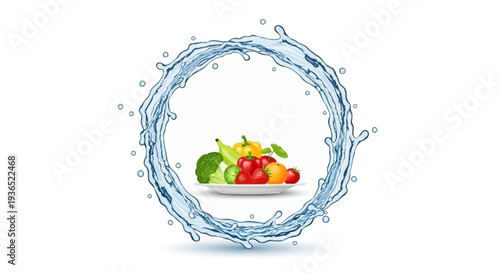 Vector illustration of a plate of fruits and vegetables surrounded by a circular wave of water, symbolizing healthy eating awareness for National Nutrition Month or a diet campaign with a