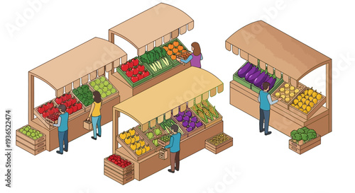 Illustration of people shopping for fruits and vegetables at outdoor market stalls promoting healthy eating awareness and nutrition.