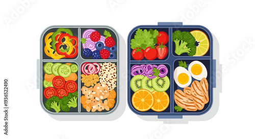 Illustration of a bento box filled with various fruits, vegetables, and healthy foods for a nutritious diet, promoting healthy eating awareness.