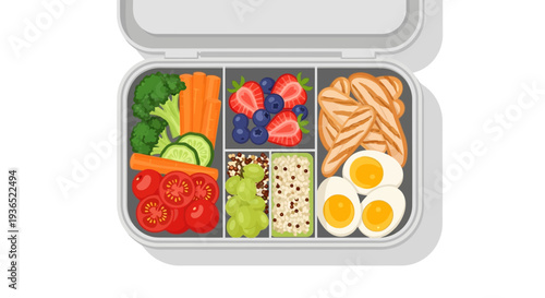 Vector illustration of a divided lunchbox containing various nutritious foods including fruits, vegetables, eggs, and cheese for a healthy eating awareness campaign or National Nutrition