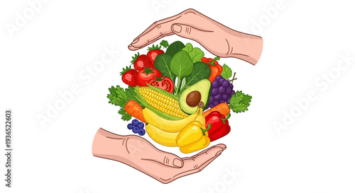 Vector illustration of two hands cradling a colorful arrangement of fruits and vegetables, promoting healthy eating awareness and nutrition for a balanced diet on National Nutrition Month.