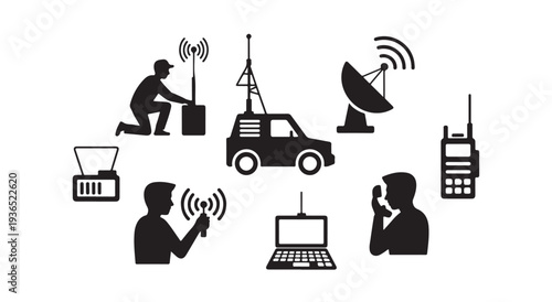 Communication icons, radio, antenna, satellite dish, laptop, people talking