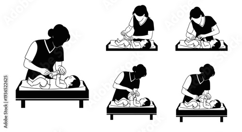 Baby Care Icons - Diaper Changing, Infant Care, and Parenting Process Illustrations