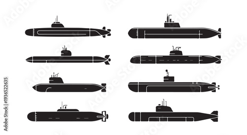 Submarine silhouette collection featuring various modern naval underwater vessels for marine design