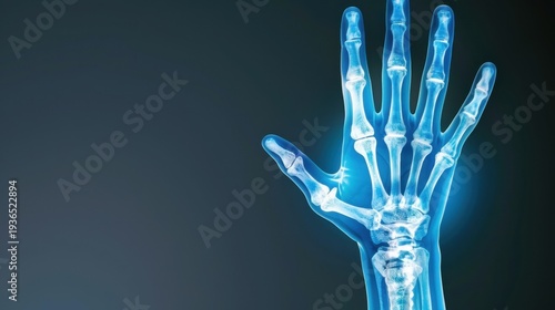 Transparent X-ray image of a human hand highlighting bone structure and joints against a dark background
