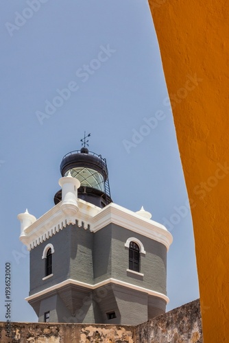 Lighthouse tower at Castillo San Felipe del Morro in Old San Juan, Puerto Rico - a well-preserved historic landmark inside the San Juan National Historic Site and former Spanish fort.