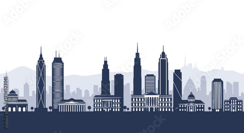 Flat 2D illustration of a city skyline with a seamless silhouette against a light background.