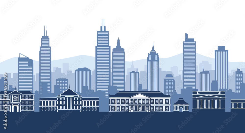 Obraz premium Flat 2D illustration of a city silhouette with skyscrapers against a seamless white background, conveying a modern urban landscape.