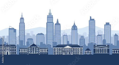 Flat 2D illustration of a city silhouette with skyscrapers against a seamless white background, conveying a modern urban landscape.