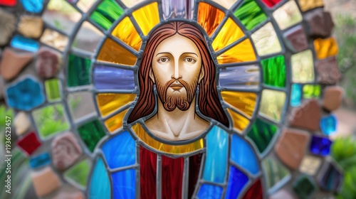 Colorful stained glass depiction of a religious figure surrounded by vibrant light and intricate design elements