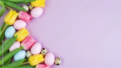 Pastel Easter arrangement with tulips and eggs on a lilac background creating a springtime mood
