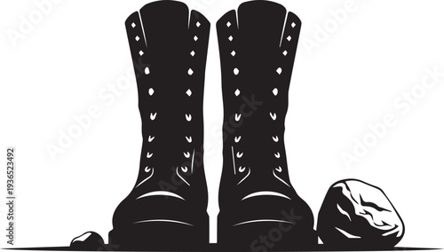 Army boots silhouette vector illustration with stones representing fallen soldier memorial