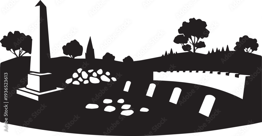 Obraz premium Cemetery landscape silhouette vector illustration with monument.