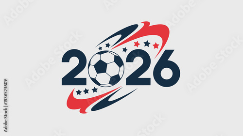 A dynamic graphic features a soccer ball integrated with the number 2026 surrounded by swirling red and blue elements and stars high quality professional detailed modern