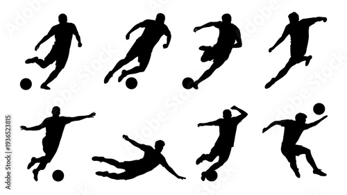 A collection of black silhouettes depicts dynamic soccer players in various action poses including kicking jumping and running with balls high quality professional detailed modern elegant
