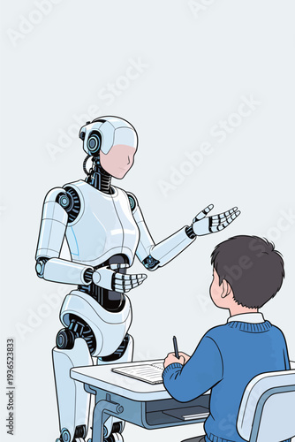 A robot stands in front of a boy at a desk while explaining a lesson. The boy is writing in a notebook and listening.