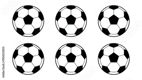 A graphic illustration displays six black and white soccer balls arranged in a grid like pattern on a clean white background high quality professional detailed modern