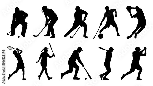 A collection of black silhouettes depicts various athletic figures engaged in diverse sports and physical activities high quality professional detailed modern elegant stylish clean crisp vibrant