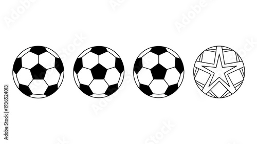 A minimalistic depiction showcases four circular designs three resembling soccer balls and one with a star shaped pattern within high quality professional detailed modern elegant stylish