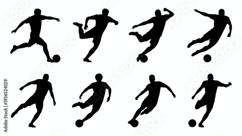A collection of black silhouettes depicts dynamic soccer players in various action poses showcasing the athleticism of the sport high quality professional detailed modern elegant stylish