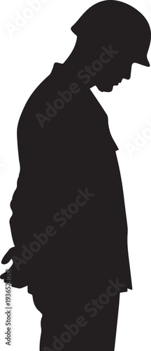 Sad soldier silhouette vector illustration with helmet bowing head in mourning or prayer