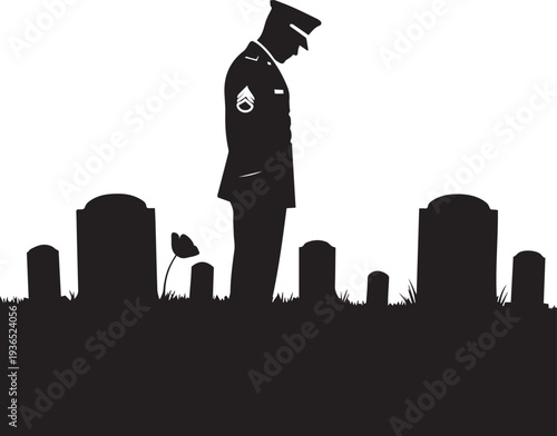 Soldier silhouette in cemetery with gravestones and poppy flower vector illustration