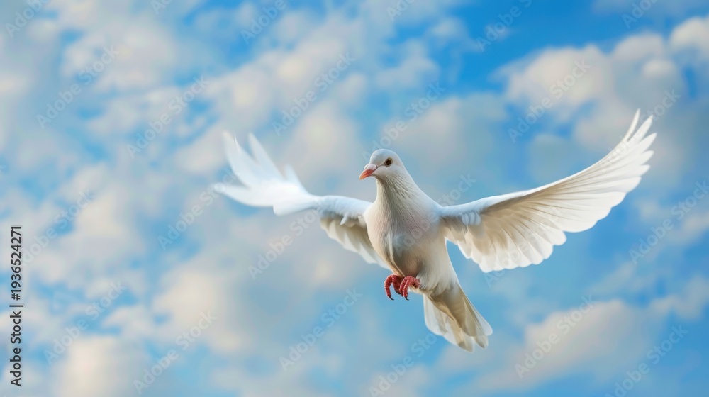 Fototapeta premium Majestic White Bird Fluttering Against a Beautiful Blue Sky with Fluffy Clouds and Soft Light Creating a Serene Atmosphere