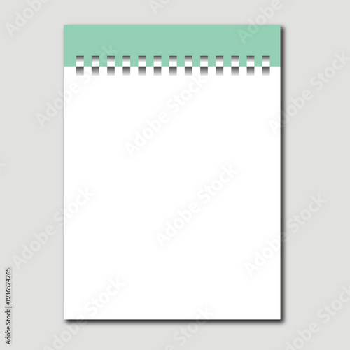 A notepad with a green header and white paper