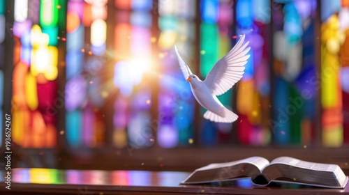White dove soaring above an open holy book in a colorful stained glass church setting