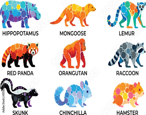 Global Exotic Mammal Vector Icon Set Minimalist Hippo, Lemur, and Red Panda.
