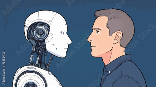 A human and a robot stand face to face, discussing technology and its impact on the future of society. The scene shows a moment of connection.