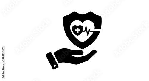 Health insurance protection icon with hand holding shield and heart pulse symbol, medical safety and healthcare coverage concept, patient protection, hospital care security, health support vector illu