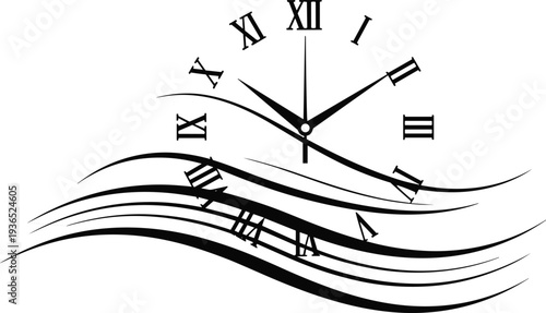 Abstract clock face with Roman numerals and flowing lines on a white background time