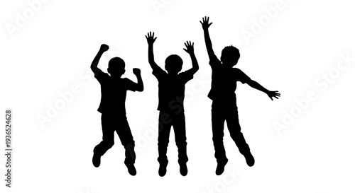 Children jumping silhouette set with raised hands, happy kids playing and celebrating together, energetic childhood activity concept, boys and girls jumping in joy, youth freedom and fun lifestyle ill