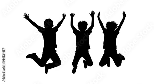 Happy kids jumping silhouette illustration, children playing and celebrating with raised hands, joyful childhood activity concept, energetic boys and girls jumping together, freedom, fun and youth lif