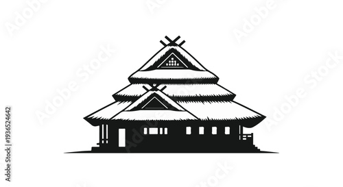 Traditional tiered roof building with intricate details, presented in a striking silhouette