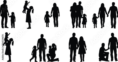 Assortment of Family Silhouettes in Various Poses and Interactions parents children