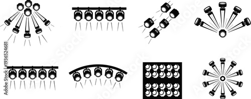 Black and White Icons of Stage Spotlights and Lighting Equipment stage light concert